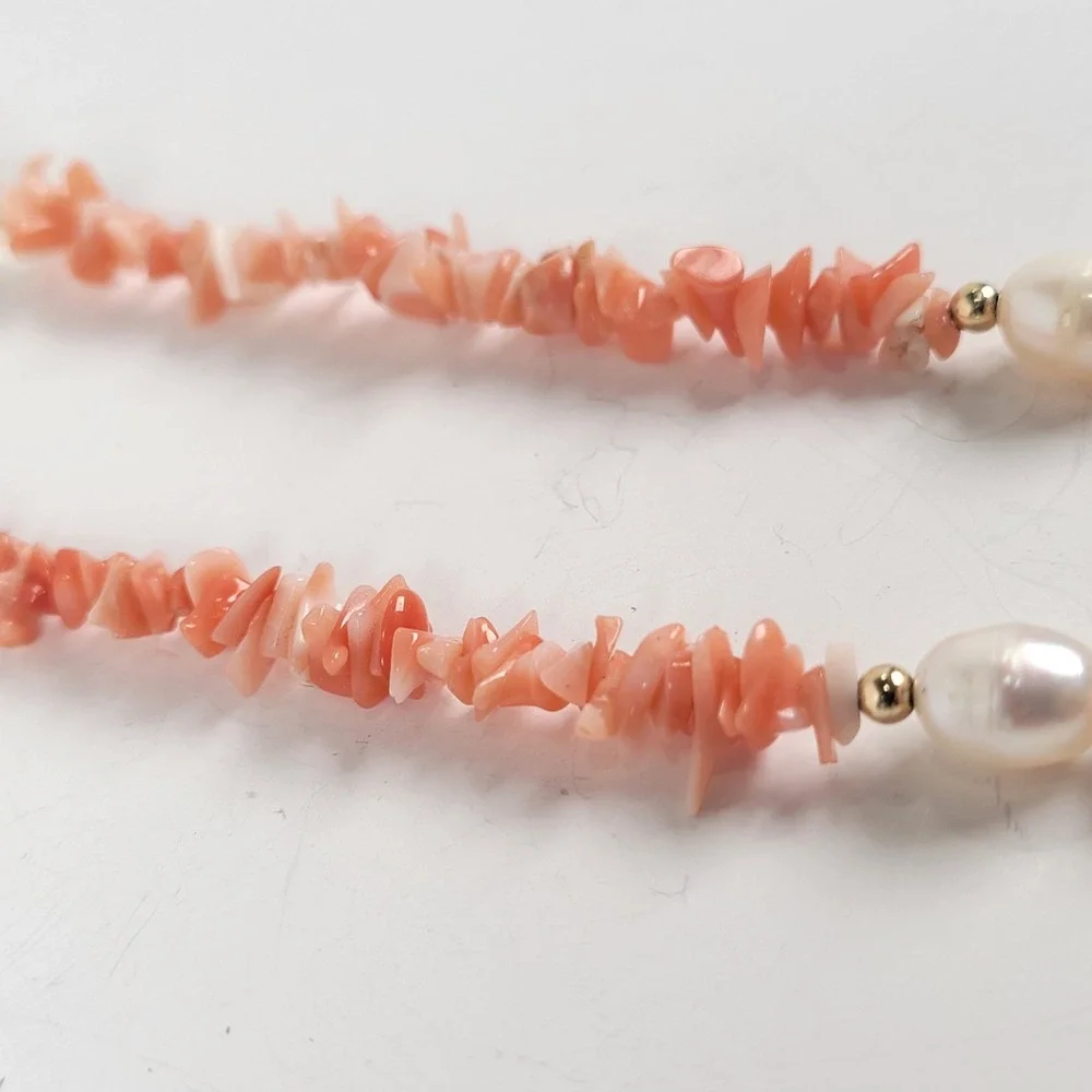 Vintage Pink Coral Chip Necklace Freshwater Pearls 14K Gold Spacers 34